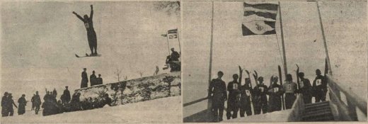 Pirmās tramplīnlēkšanas sacensības Latvijā 1933.g. 5. Februārī, jaunuzceltajā tramplīnā pie Cēsu Cīrulīša. Sacensību uzvarētājs ar 18,5 m students O.Kalējs (attēlā). Foto “Stadions” 1933.g. Nr.21